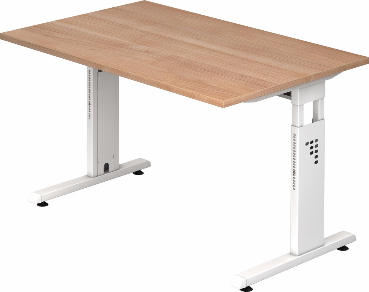 bümö® Schreibtisch O-Serie höhenverstellbar, Tischplatte 120 x 80 cm in Nussbaum, Gestell in weiß Bild 1