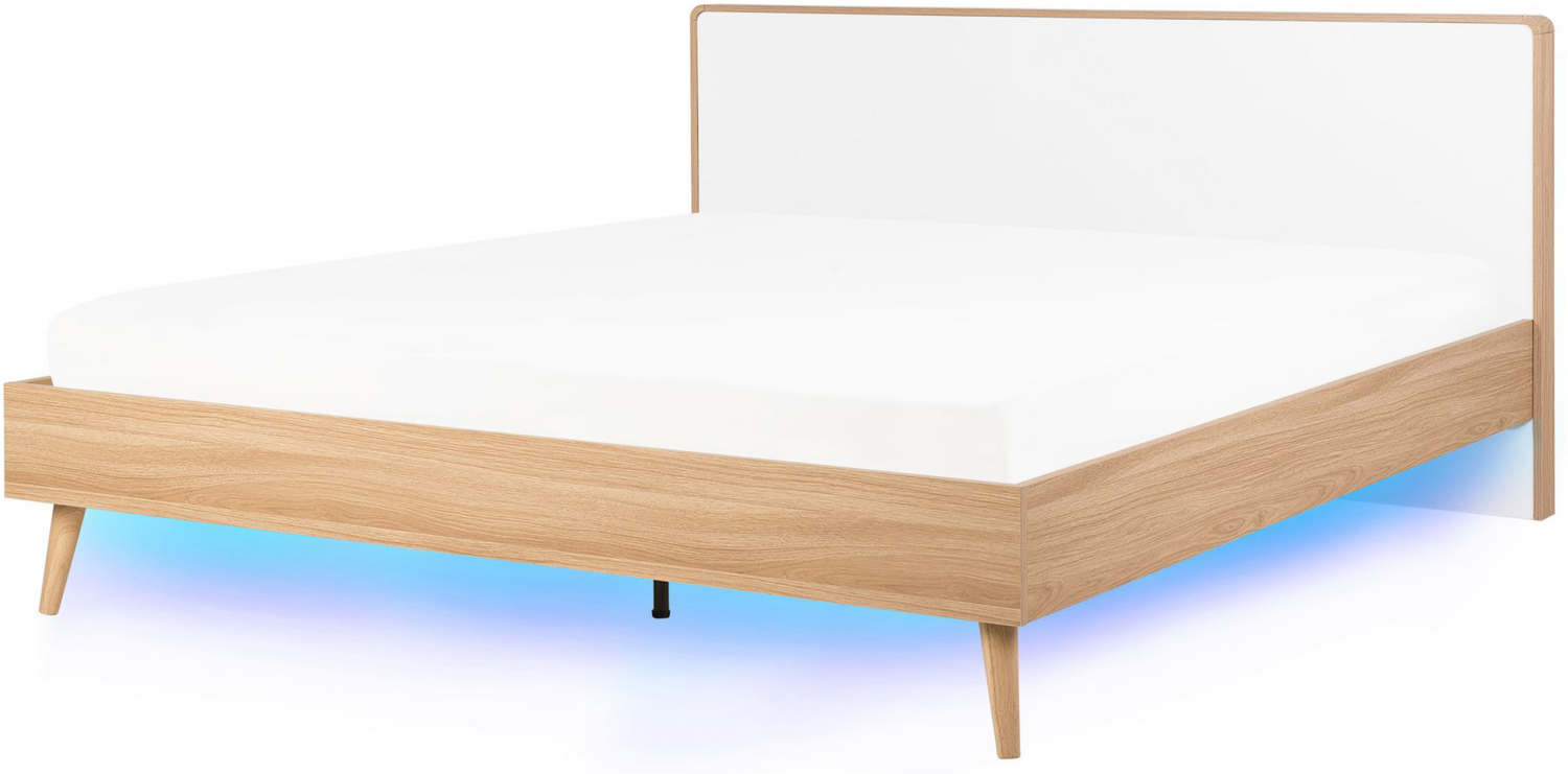 Bett heller Holzfarbton / weiß 180 x 200 cm mit LED-Beleuchtung bunt SERRIS Bild 1