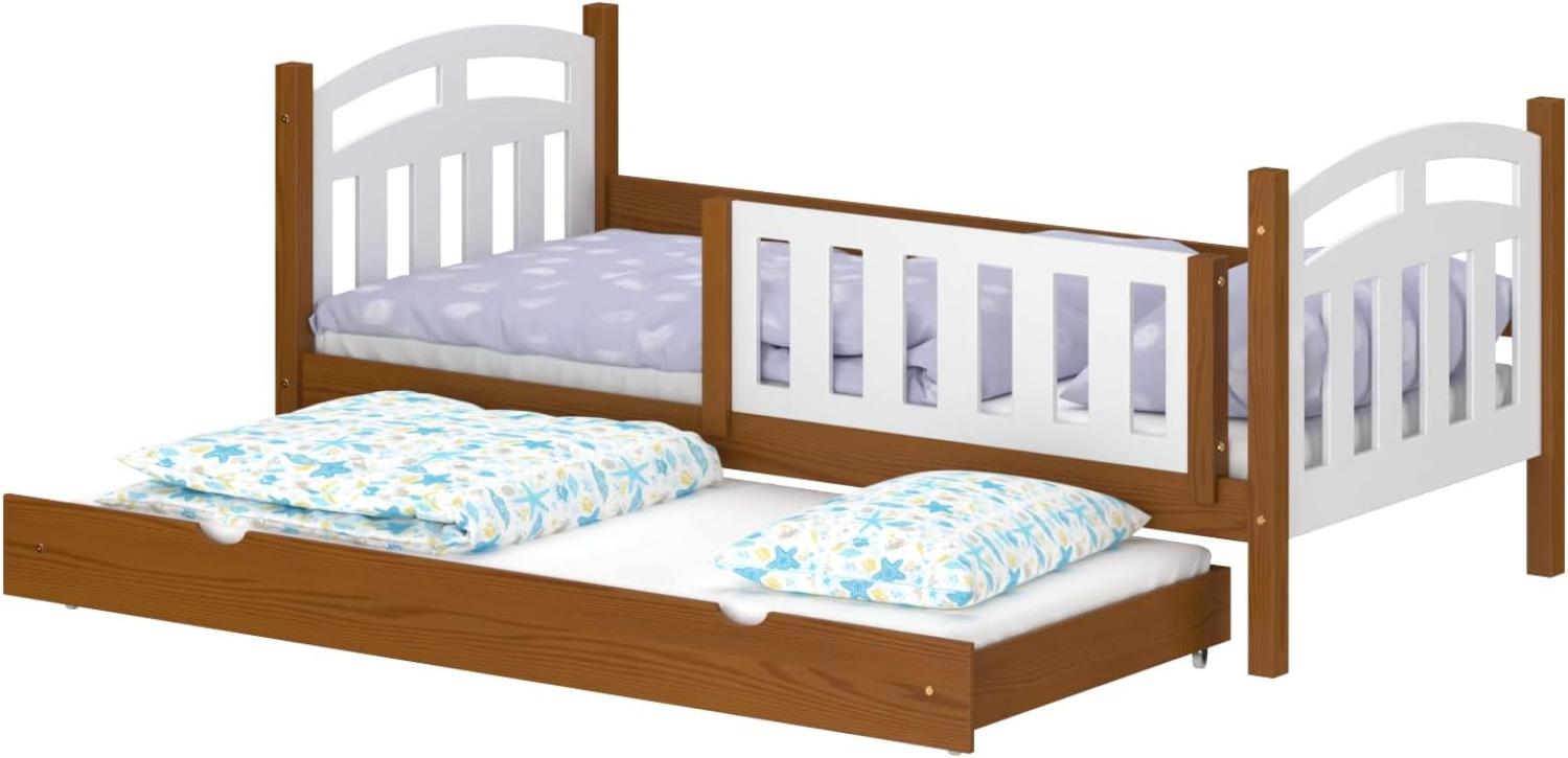 WNM Group Kinderbett Ausziehbar Suzie - aus Massivholz - Ausziehbett für Mädchen und Jungen - Hohe Qualität Bett mit Rausfallschutz für Kinder 190x90 / 180x90 cm - Braun Bild 1