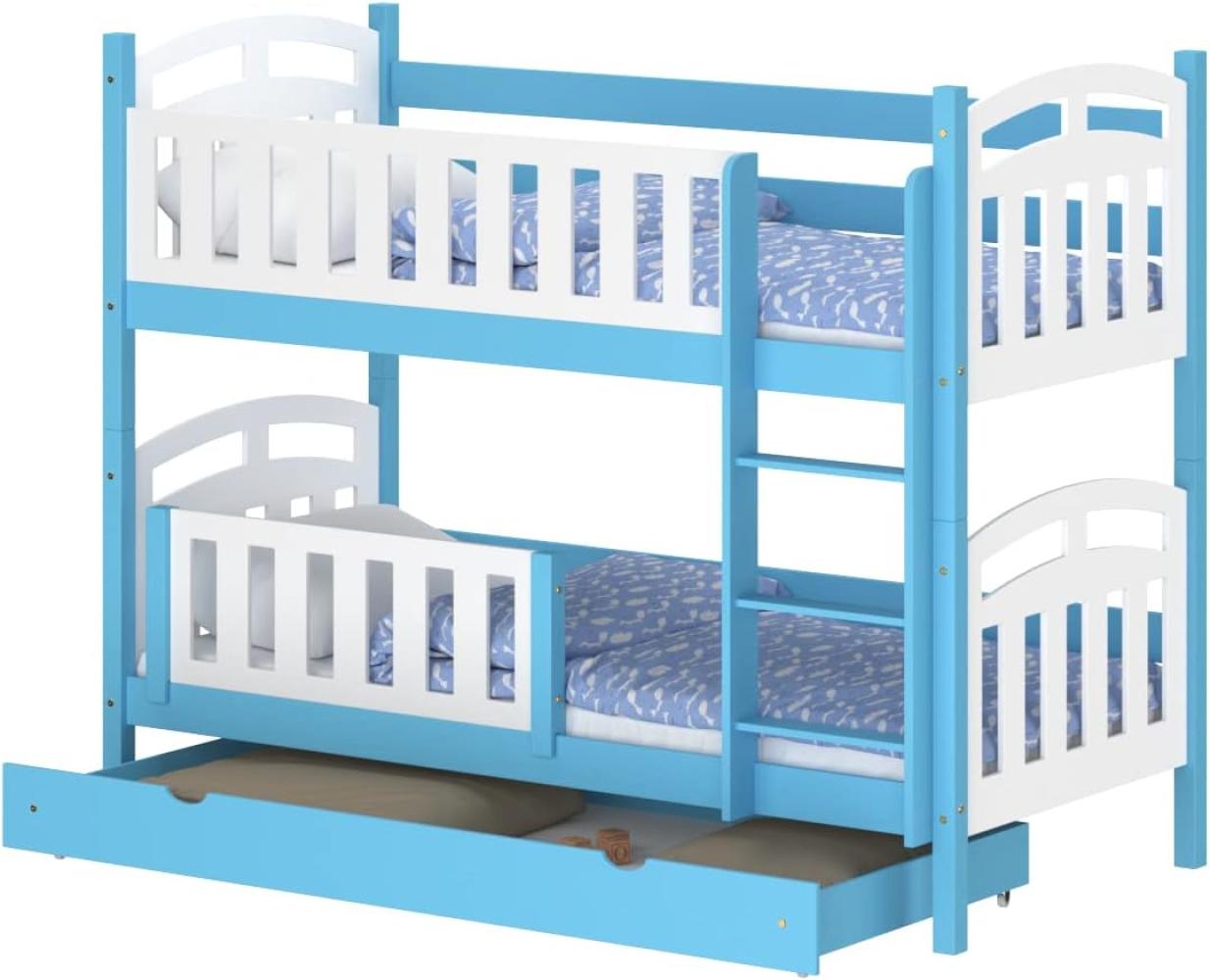 WNM Group Hochbett mit Rausfallschutz und Schublade Suzie - aus Massivholz - Hochbett Kinderbett für Mädchen und Jungen - Absturzsicherung Hochbett - Kinderhochbetten 190x80 cm - Blau Bild 1