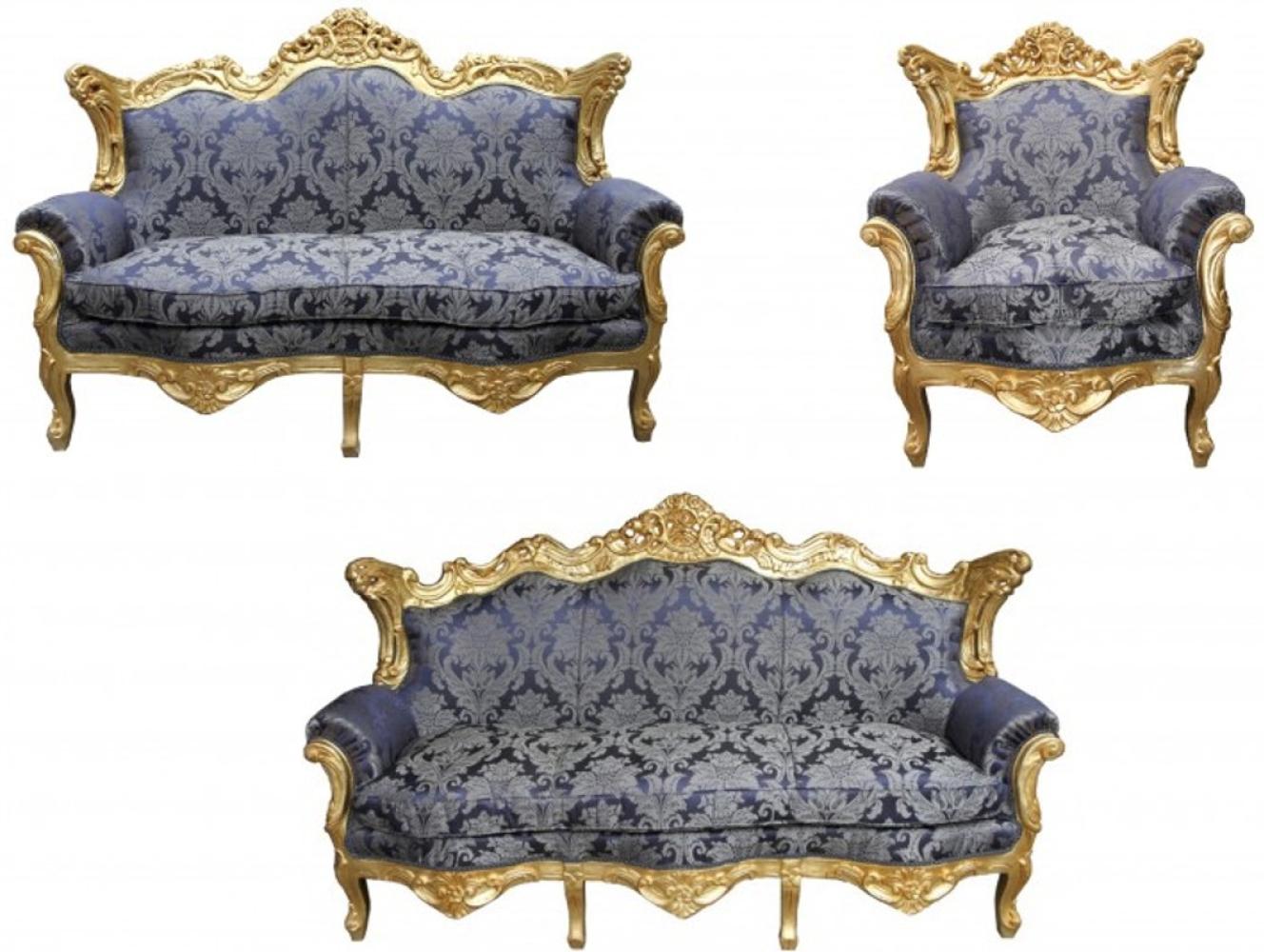 Casa Padrino Barock Wohnzimmer Set Royal Blau Muster/ Gold - 3er Sofa+2er Sofa + 1 Sessel Bild 1