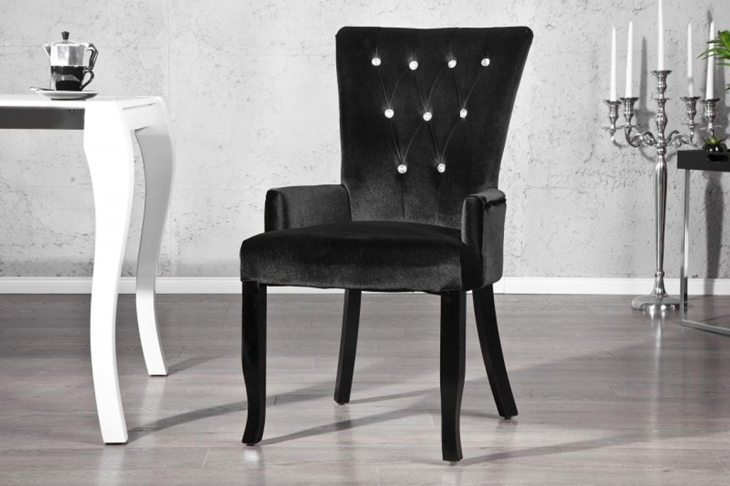 Casa Padrino Luxus Esszimmer Stuhl mit Armlehnen und Strasssteinen, Schwarz Mod2 - Barock Möbel Bild 1