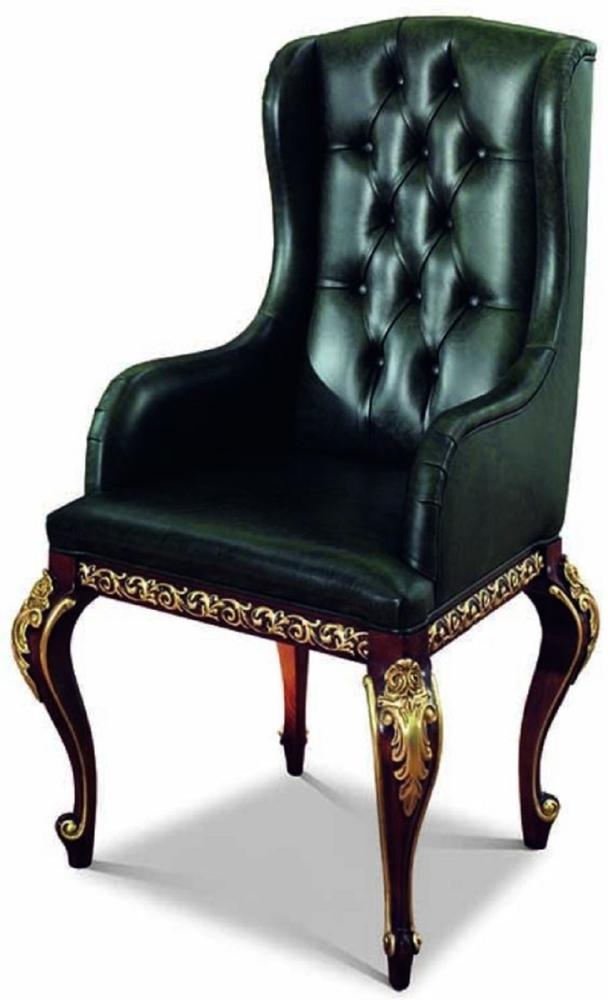 Casa Padrino Luxus Barock Leder Esszimmer Stuhl mit Armlehnen Dunkelgrün / Dunkelbraun / Gold - Made in Italy Bild 1