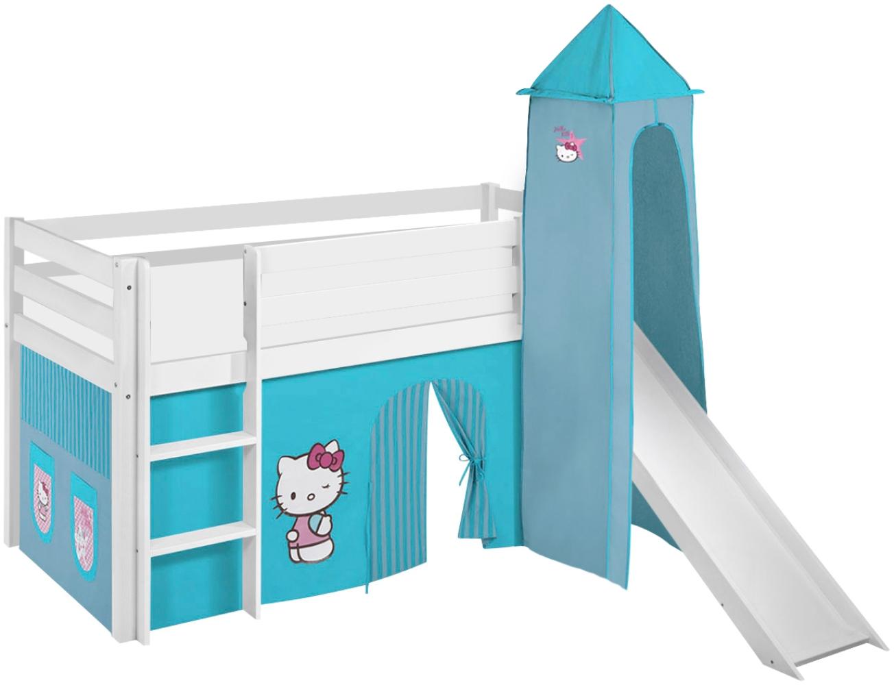Lilokids 'Jelle' Spielbett 90 x 190 cm, Hello Kitty Türkis, Kiefer massiv, mit Turm, Rutsche und Vorhang Bild 1