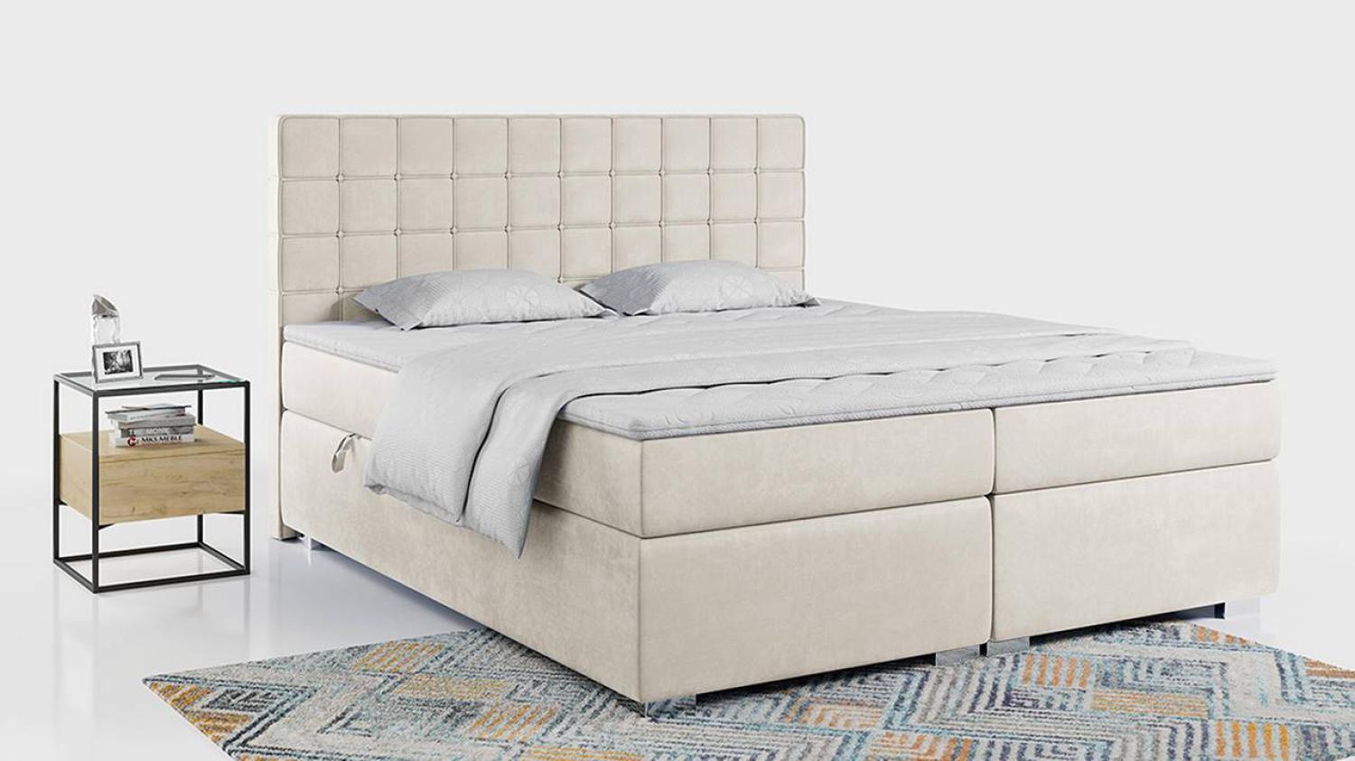 Boxspringbett, Doppelbett, Polsterbett mit Kopfstütze - CARMEN - 160x200cm - Beige Velours - H4 Bild 1