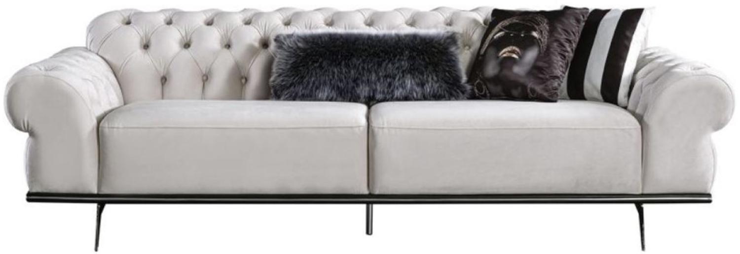 Casa Padrino Luxus Art Deco Chesterfield Wohnzimmer Sofa Cremefarben / Silber 240 x 95 x H. 63 cm - Luxus Wohnzimmer Möbel Bild 1