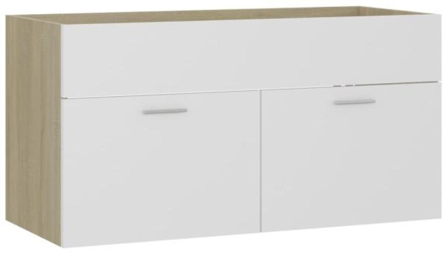 vidaXL Waschbeckenunterschrank Weiß und Sonoma 90x38,5x46 cm Spanplatte Bild 1