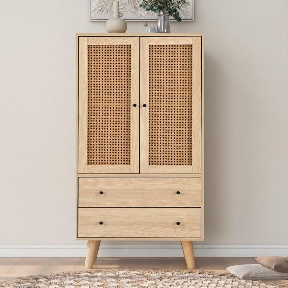 Merax Highboard mit 2 Türen mit Rattan-Geflecht und 2 Schubladen, Sideboard Holz, Kommode, B/H/T:60/120/40cm Bild 1