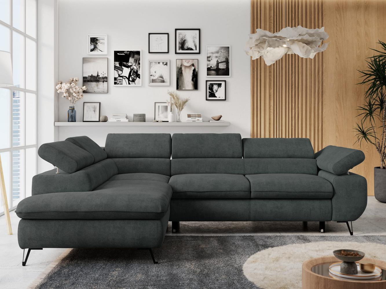 Ecksofa mit Bettfunktion, Modern Sofa, L-form, Einstellbare Kopfstützen, Bettkasten - PETER - Dunkelgrau Stoff - Topper T25 - links Bild 1