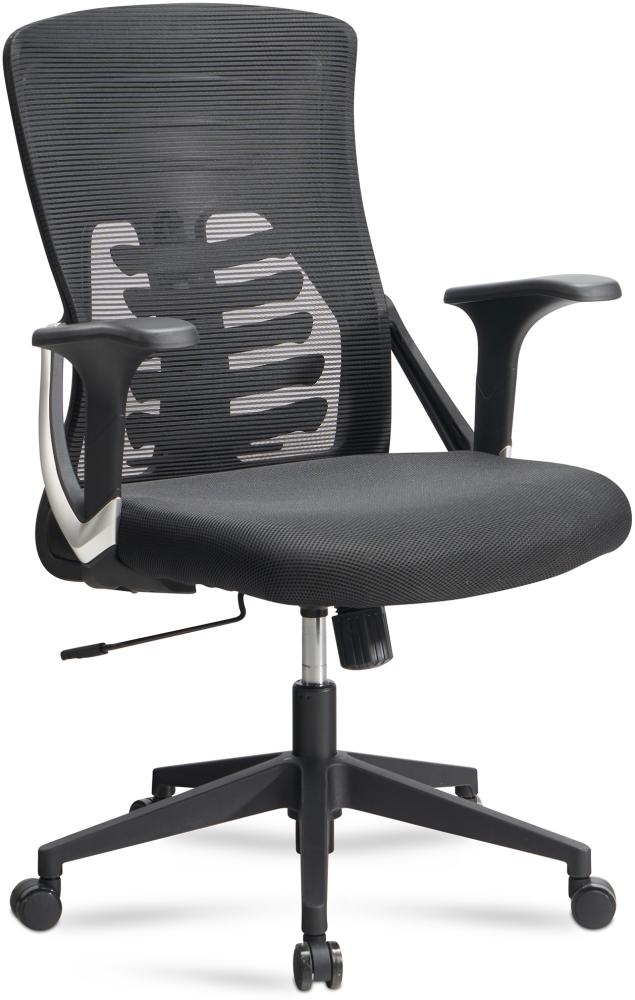 FineBuy Bürostuhl Mesh-Bezug Schreibtischstuhl bis 120 kg, Drehstuhl höhenverstellbar mit Lendenwirbelstütze, Stoff-Schreibtischsessel ergonomisch mit Armlehnen & Wippfunktion Schwarz Bild 1