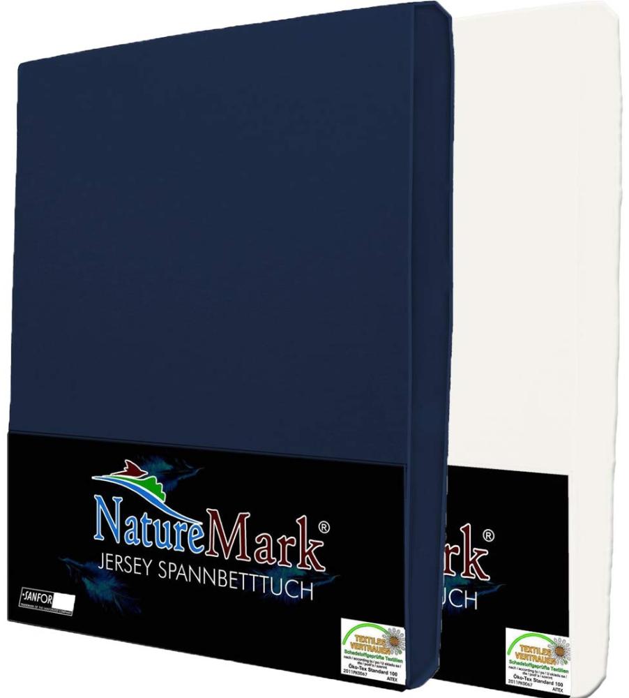 NatureMark 2er Pack Jersey Spannbettlaken, Spannbetttuch 100% Baumwolle in vielen Größen und Farben MARKENQUALITÄT ÖKOTEX Standard 100 | 120 x 200 cm - Navy/Weiss Bild 1