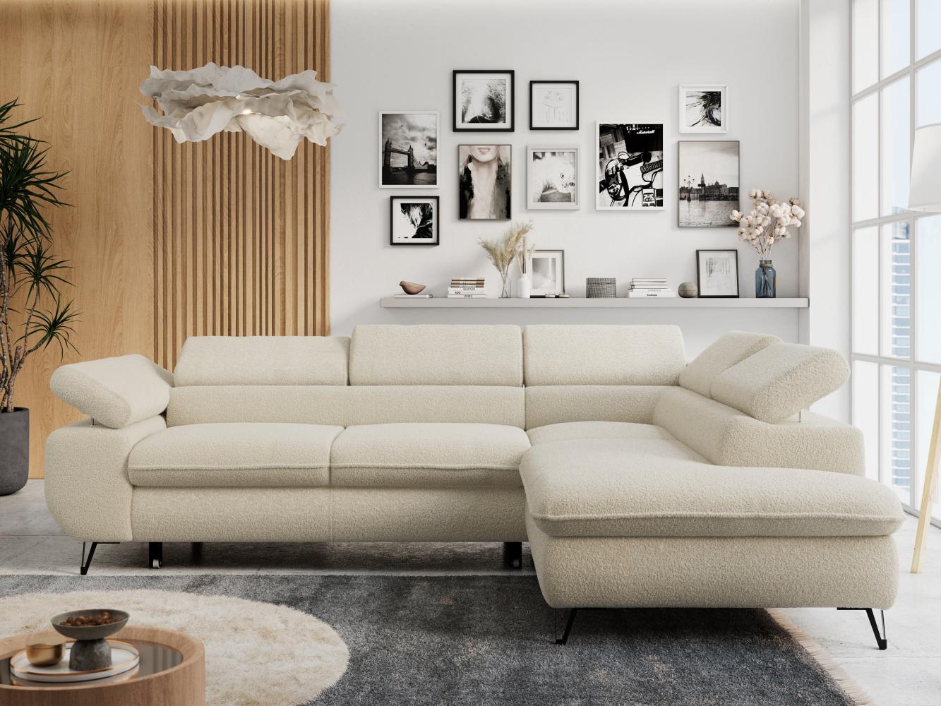 Ecksofa mit Bettfunktion, Modern Sofa, L-form, Einstellbare Kopfstützen, Bettkasten - PETER - Beige Boucle - Topper T25 - rechts Bild 1