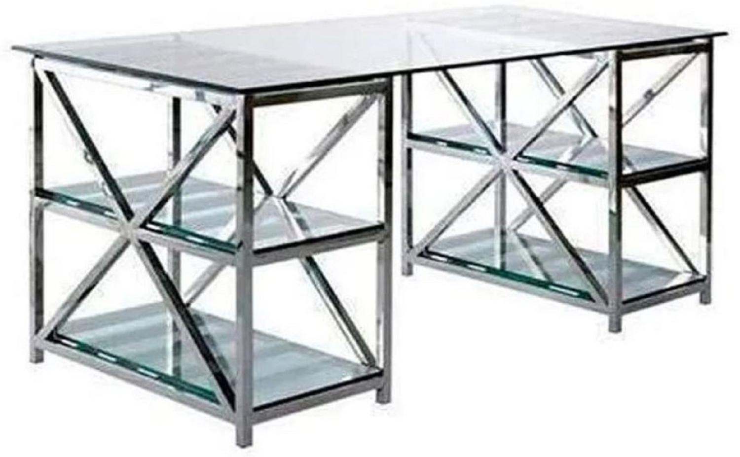 Casa Padrino Luxus Schreibtisch Silber 175 x 79 x H. 76 cm - Metall Bürotisch mit Glasplatten - Computertisch - Luxus Büro Möbel Bild 1