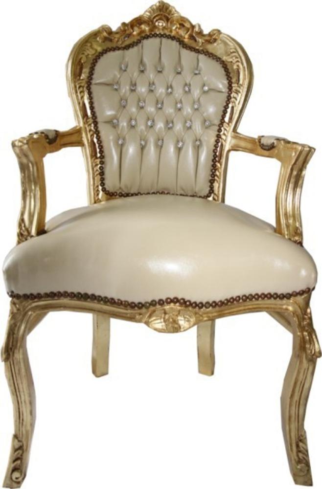 Casa Padrino Barock Esszimmer Stuhl mit Armlehnen Creme Lederoptik / Gold - Möbel Bild 1