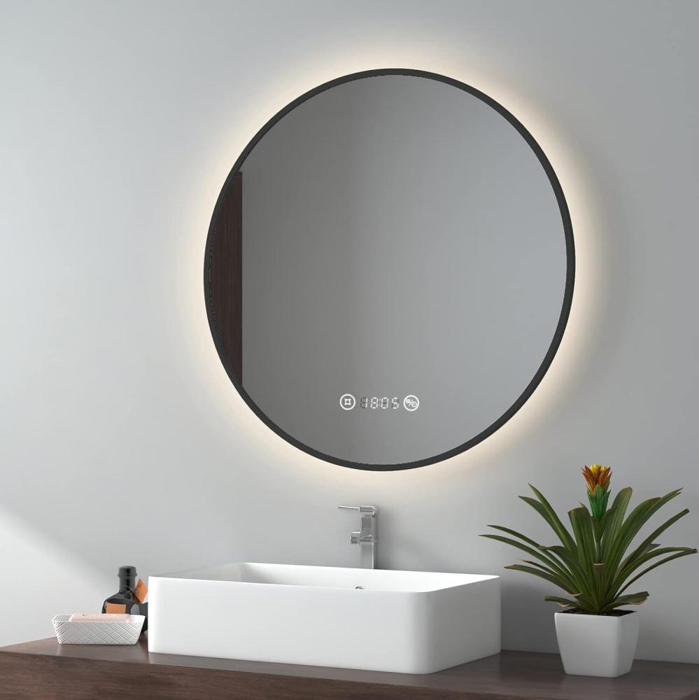 EMKE LED Badspiegel ф70cm Schwarzer Rand, Antibeschlage, Uhr, Temperatur, Dimmbar, Memory-Funktion Neutrales Licht Bild 1