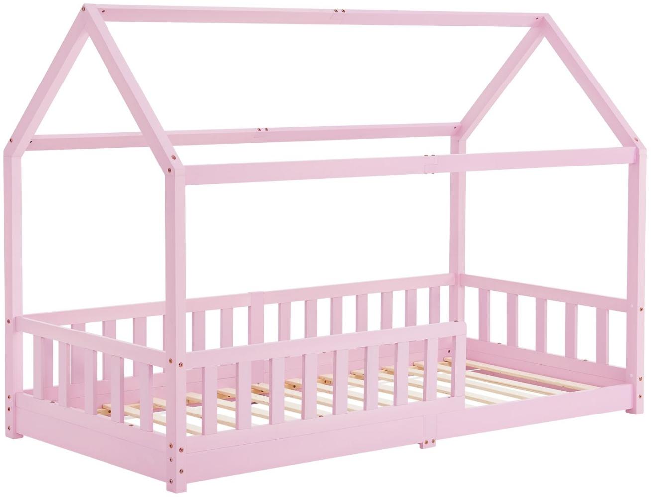 Juskys Kinderbett Marli 90 x 200 cm mit Rausfallschutz, Lattenrost und Dach - Massivholz Hausbett für Kinder - Bett in Rosa Bild 1