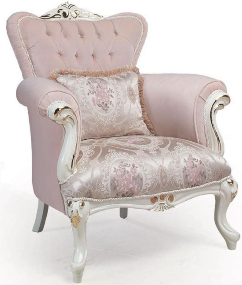 Casa Padrino Luxus Barock Sessel Rosa / Weiß / Gold 83 x 96 x H. 102 cm - Wohnzimmer Sessel mit dekorativem Kissen - Barockmöbel Bild 1