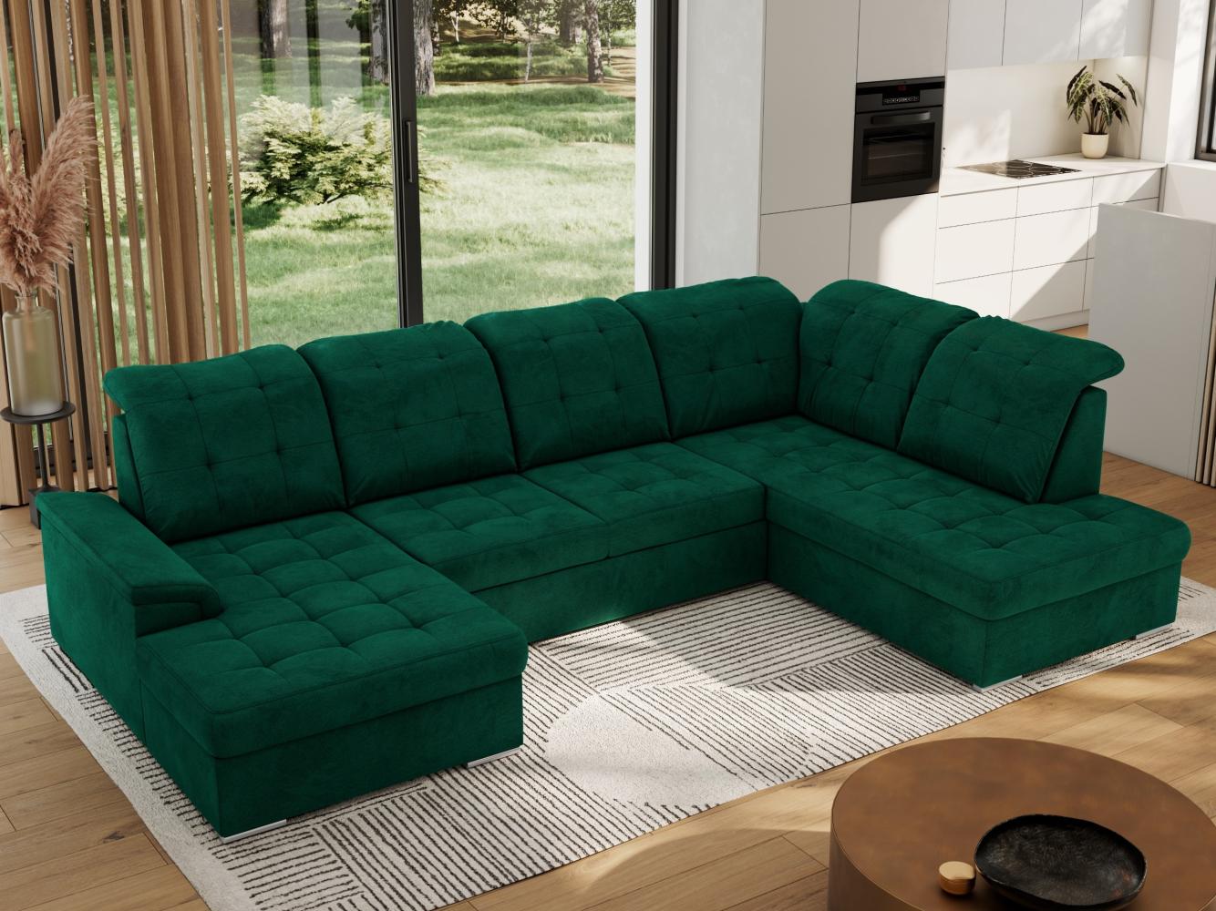 Ecksofa, Wohnzimmer U Couch, Polstersofa mit Bettkasten - MADRITO U - DunkelGrün Velorus - Rechts Bild 1