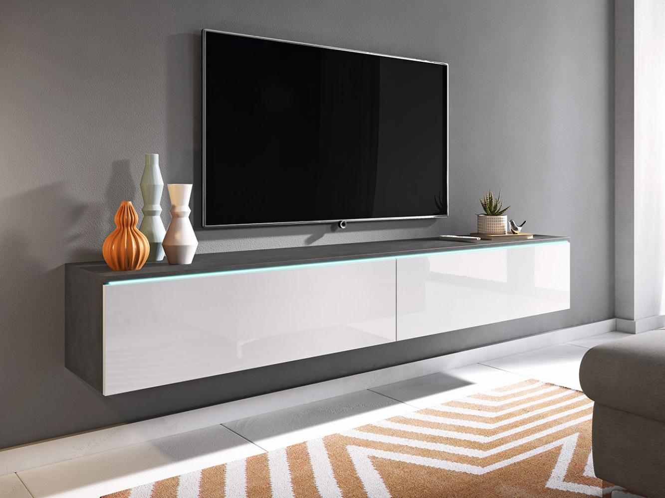 TV-Lowboard Stone 180, mit weißer LED Beleuchtung, Farbe: Matera / Weiß Hochglanz Bild 1