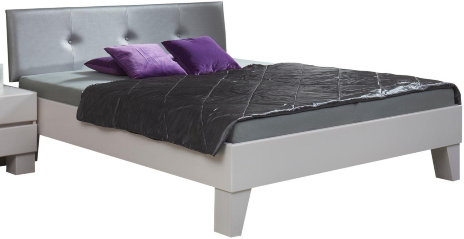 Bed Box Massivholz Bettrahmen Premium Lissabon Wildeiche grau mit Polsterkopfteil 140x220 cm Bild 1