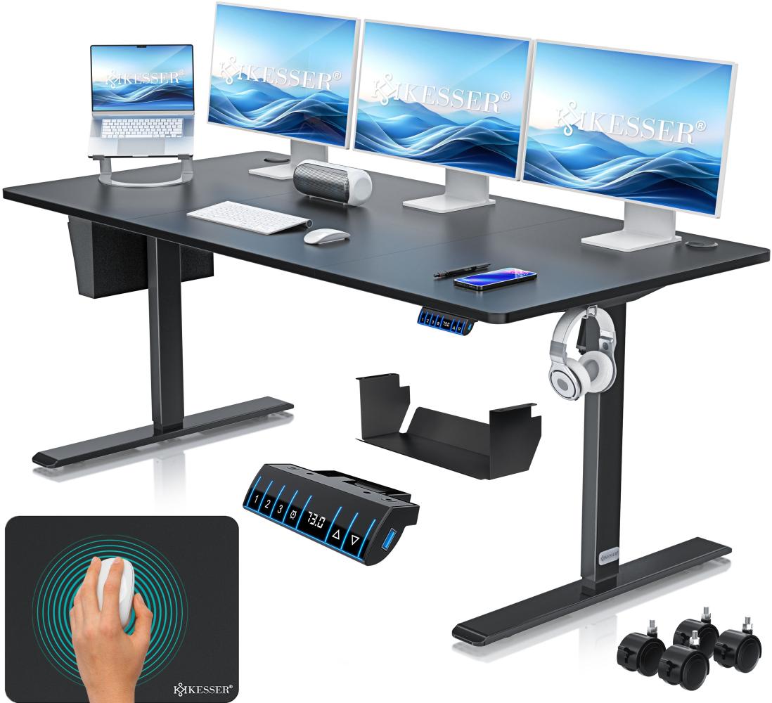 KESSER® Höhenverstellbarer Schreibtisch elektrisch | Ergonomisch Steh-Sitz Schreibtisch | 3-Funktions-Memory Steuerung | Inkl. 360° Rollen & USB-Ladeanschluss | Computertisch für Homeoffice Schwarz, 180 x 80 cm Bild 1