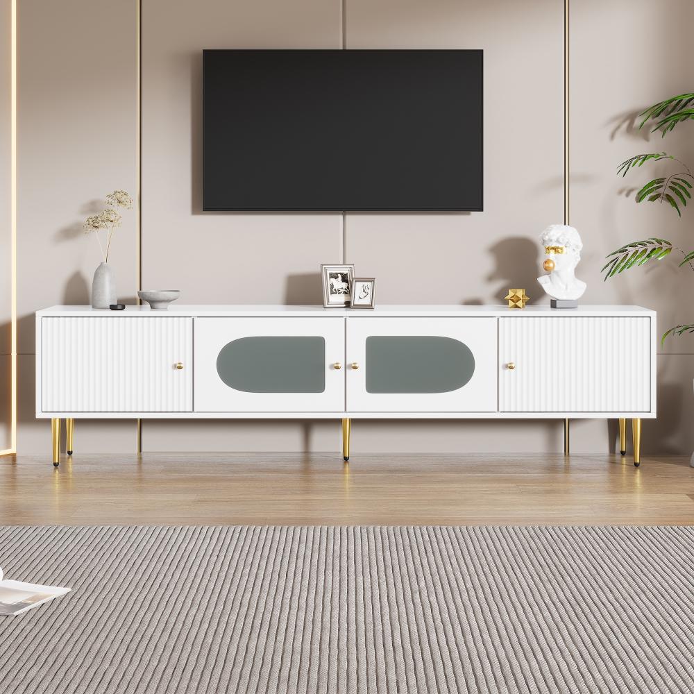 Merax Eleganter 170*35*50cm TV-Schrank – Weißer Korpus mit Goldenen Beinen und Griffen, 2 Türen mit Vertikalrillen, 2 Türen mit Bogenglas Bild 1