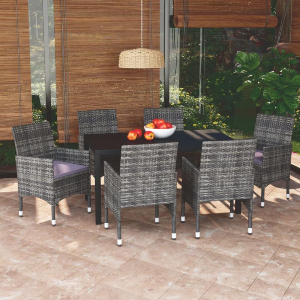 7-tlg. Garten-Essgruppe mit Kissen Poly Rattan Grau Bild 1