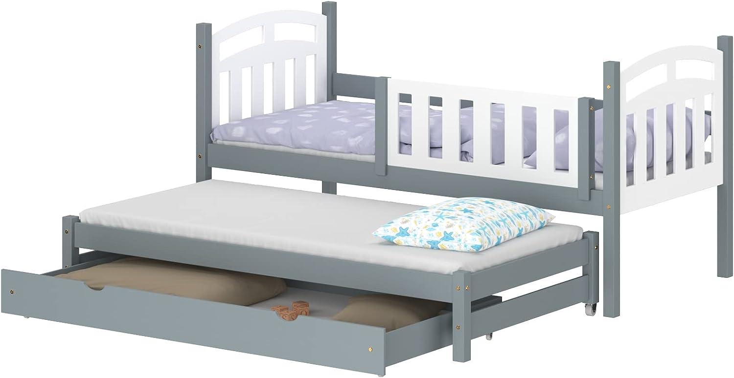 WNM Group Kinderbett Ausziehbar mit Rausfallschutz Suzie - aus Massivholz - Ausziehbett für Mädchen und Jungen - Bett mit Schublade - Funktionsbett 180x80 / 170x80 cm - Grau Bild 1