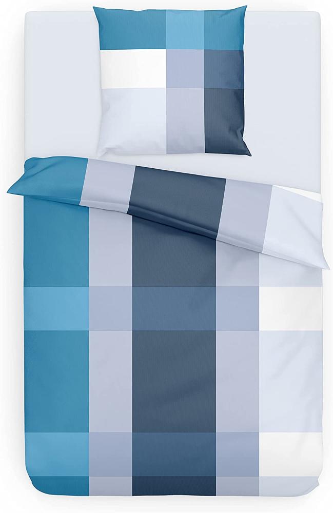 Träumschön Renforce‚ Bettwäsche Karo petrol blau weiss in der Standartgröße 135 x 200 cm mit einem 80 x 80 cm Kissenbezug Bild 1