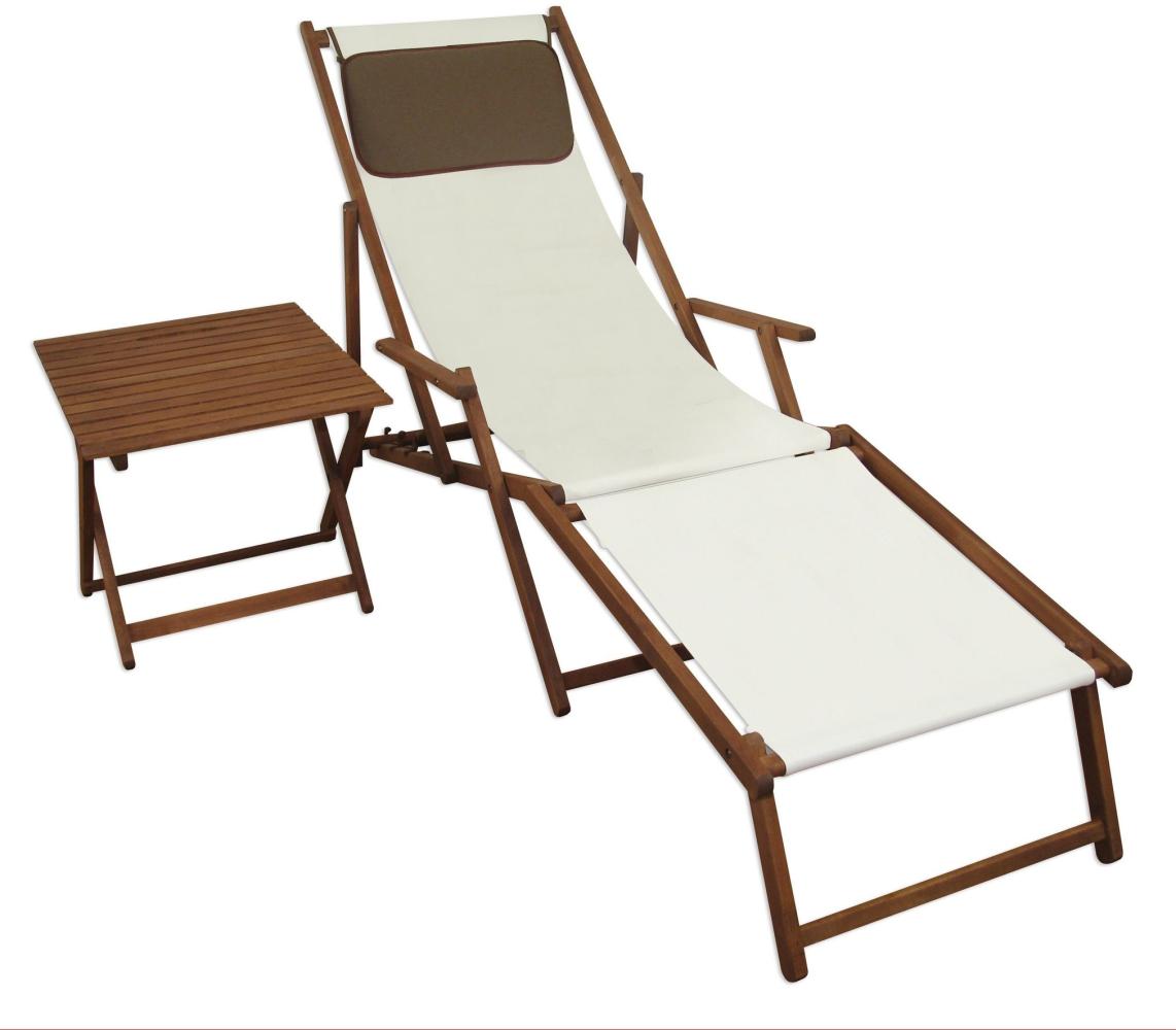Gartenliege Liegestuhl weiß Fußablage Tisch Kissen Deckchair Holz Sonnenliege Buche 10-303FTKD Bild 1
