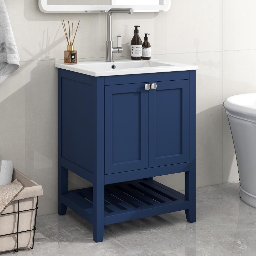 Merax Badmöbel Einzel Waschtisch mit Unterschrank 60cm mit Keramik-Waschbecken, blau Bild 1