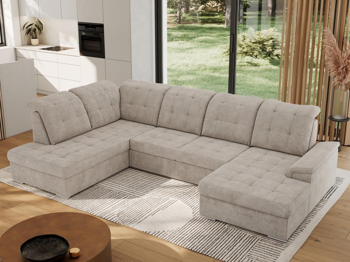 Ecksofa, Wohnzimmer U Couch, Polstersofa mit Bettkasten - MADRITO U - Beige Struktur - Links Bild 1