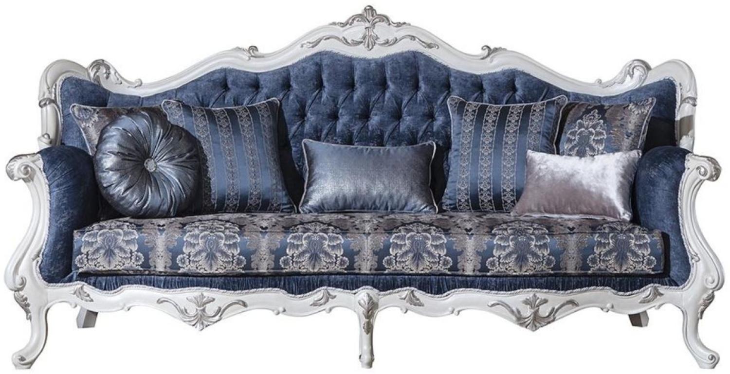 Casa Padrino Luxus Barock Wohnzimmer Sofa mit Muster und dekorativen Kissen Blau / Weiß / Silber 240 x 90 x H. 120 cm - Prunkvolle Barock Möbel Bild 1