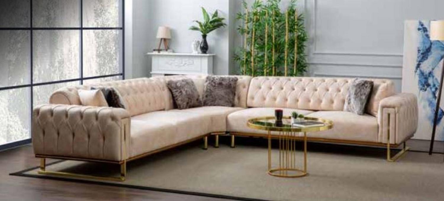 Casa Padrino Luxus Ecksofa Creme / Braun / Gold 290 x 290 x H. 85 cm - Wohnzimmer Sofa mit Schlaffunktion - Wohnzimmer Möbel - Luxus Möbel - Möbel Luxus - Wohnzimmer Einrichtung - Luxus Einrichtung Bild 1