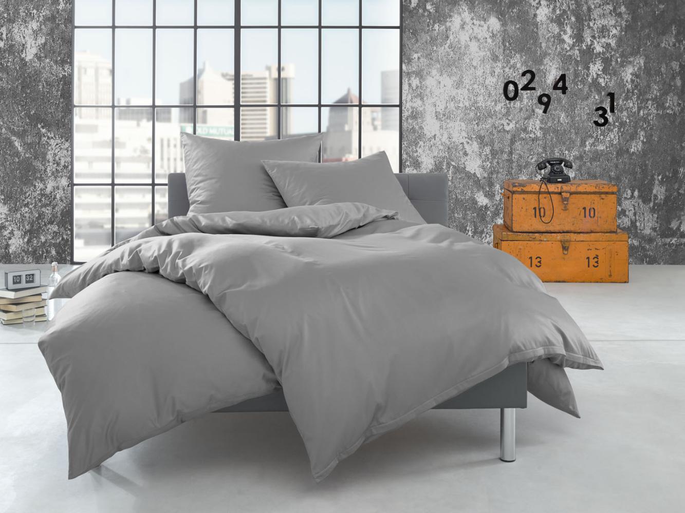 Bettwaesche-mit-Stil Flanell Bettwäsche uni / einfarbig grau Garnitur 200x200 + 2x 80x80 cm Bild 1