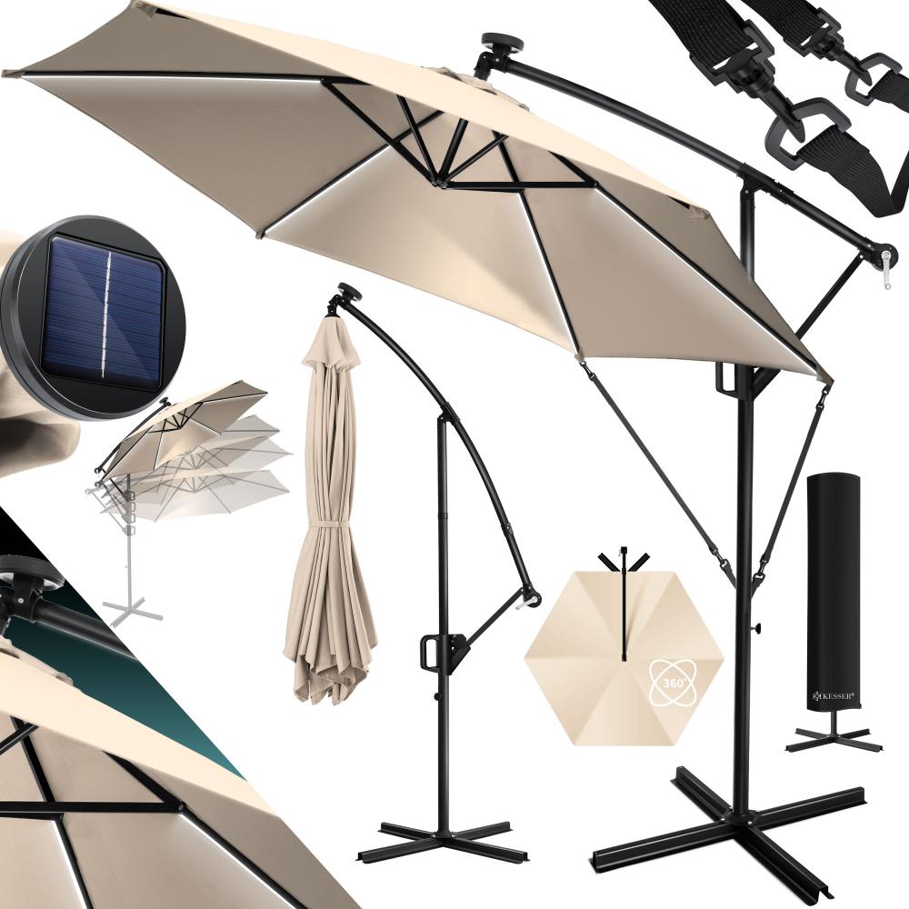 KESSER® Alu Ampelschirm LED Solar + Abdeckung mit Kurbelvorrichtung UV-Schutz Aluminium mit An-/Ausschalter Wasserabweisend - Sonnenschirm Schirm Gartenschirm 300cm, Beige Bild 1
