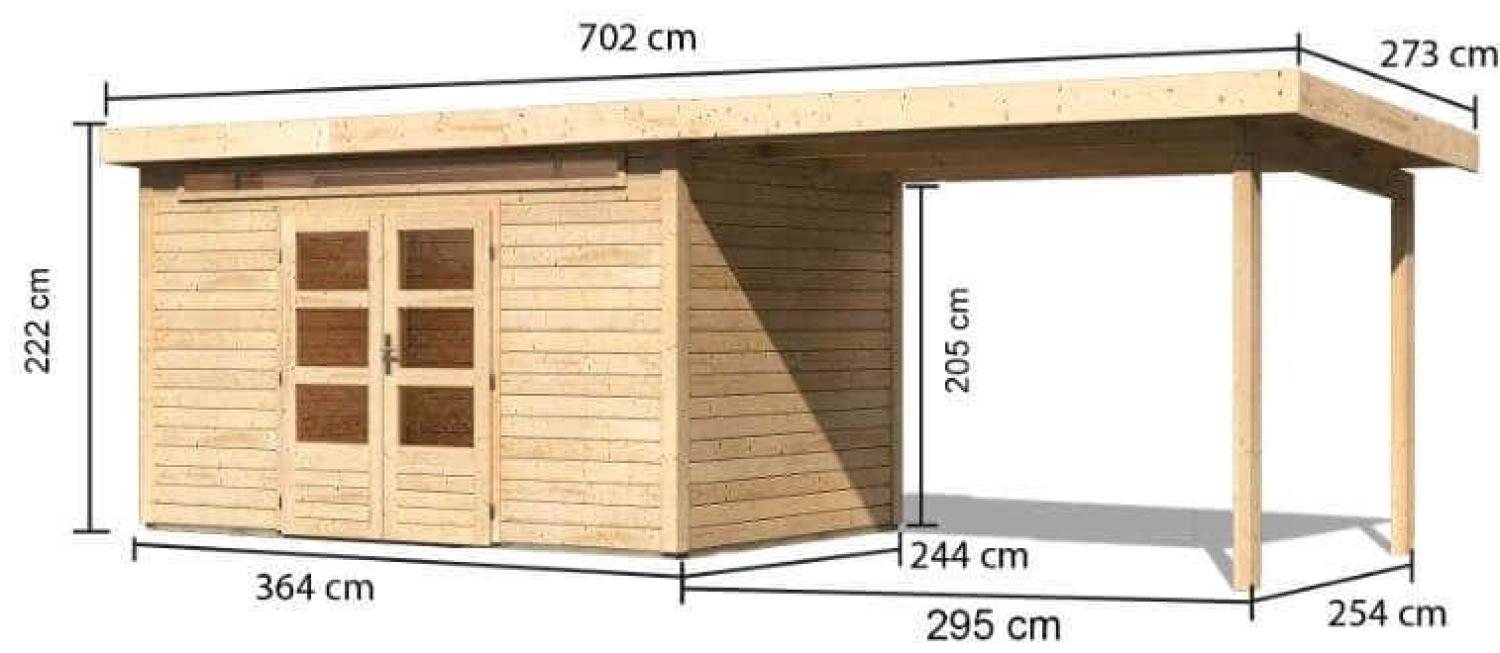 Gartenhaus Kandern 7 - 364x244 cm inkl. Anbaudach 3,20m, 28 mm Holz terragrau, Karibu Bild 1