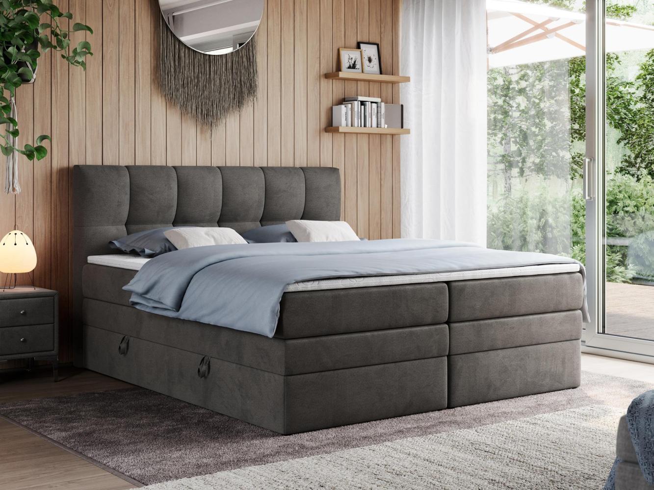 Boxspringbett mit Doppelmatratze - ALVIN-KING Dunkelgrau 120 x 200 cm Velours Mittelfest (H3) Bild 1