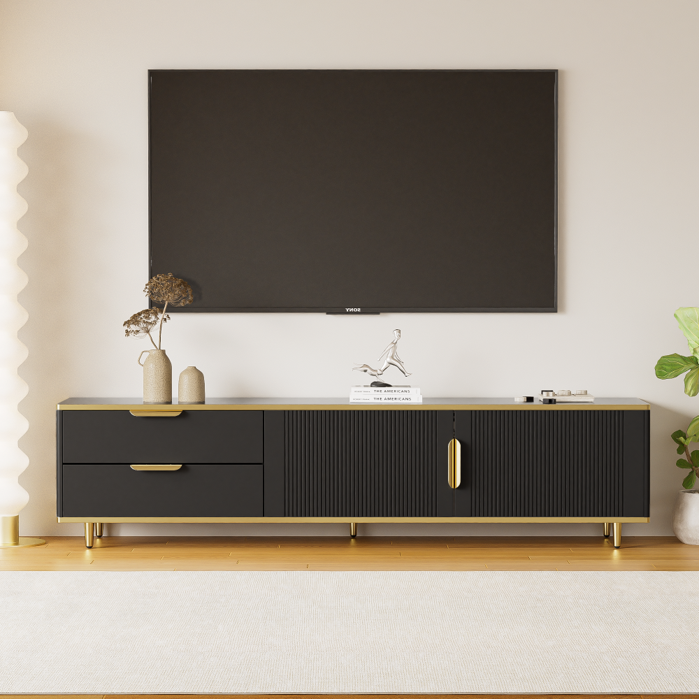Merax TV-Schrank, niedriger Teller mit geschnitzter Textur, goldenen Griffen und Füßen, Wohnzimmermöbel mit Marmorstruktur , Schwarz Bild 1