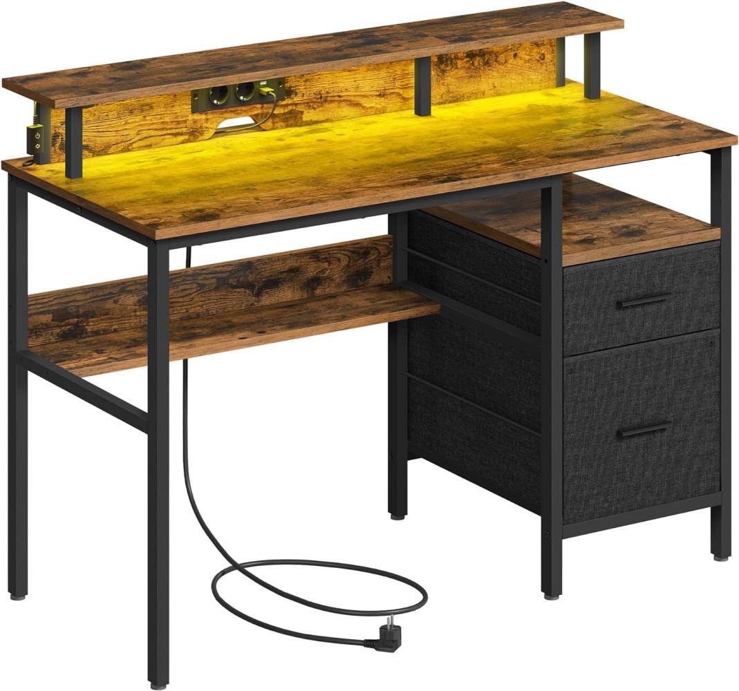 VASAGLE Schreibtisch mit Schubladen, Computertisch mit Monitorständer, LED-Beleuchtung, 55 x 120x 90 cm, eingebaute Steckdosen, 2 USB-Anschlüsse, für Homeoffice, vintagebraun LWDDE093K01 Bild 1