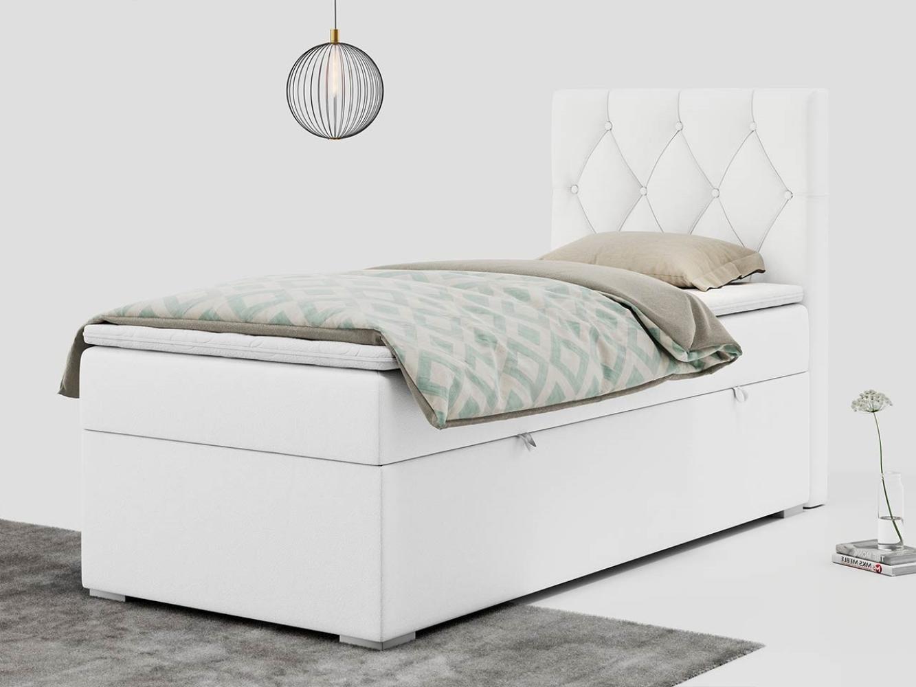 Boxspringbett ALDA, Einzelbett mit gestepptem Kopfteil und einem Bettkasten, 90x200 - Weiß Kunstleder - rechts - H3 Bild 1