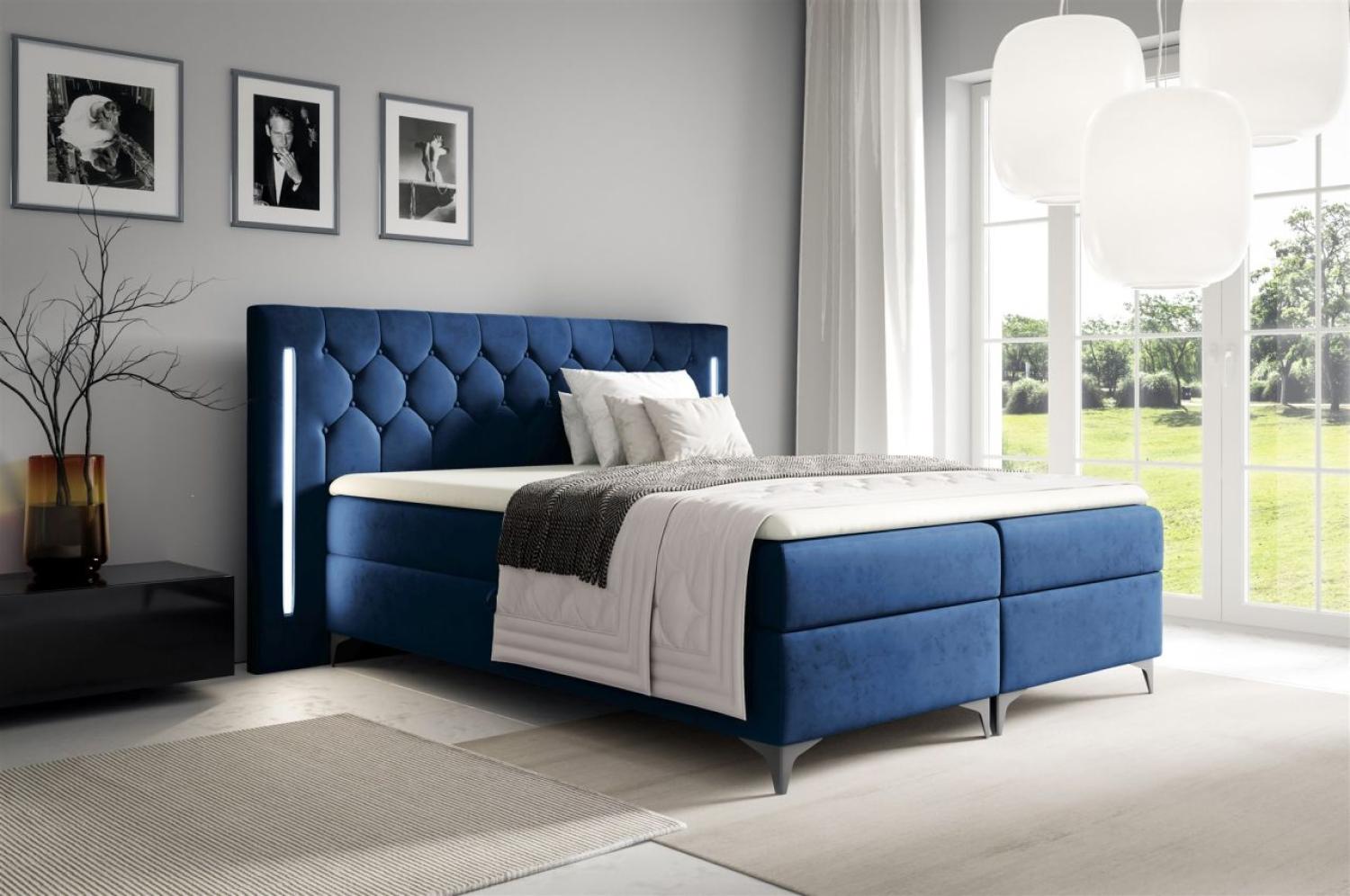 Boxspringbett Schlafzimmerbett ELODIE 200x200cm Blau inkl. Ambiente-LED Bild 1