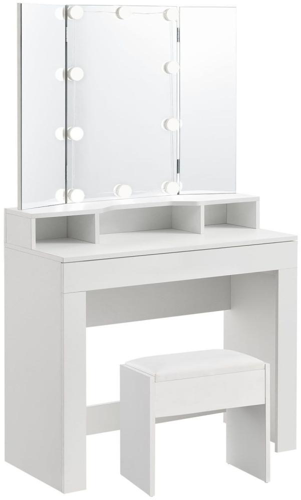 Juskys Schminktisch Marla – Kosmetiktisch 90 x 42 x 157 cm in Weiß – Frisiertisch mit Spiegel 3-teilig, Schublade, Ablagen, LED-Beleuchtung & Hocker Bild 1