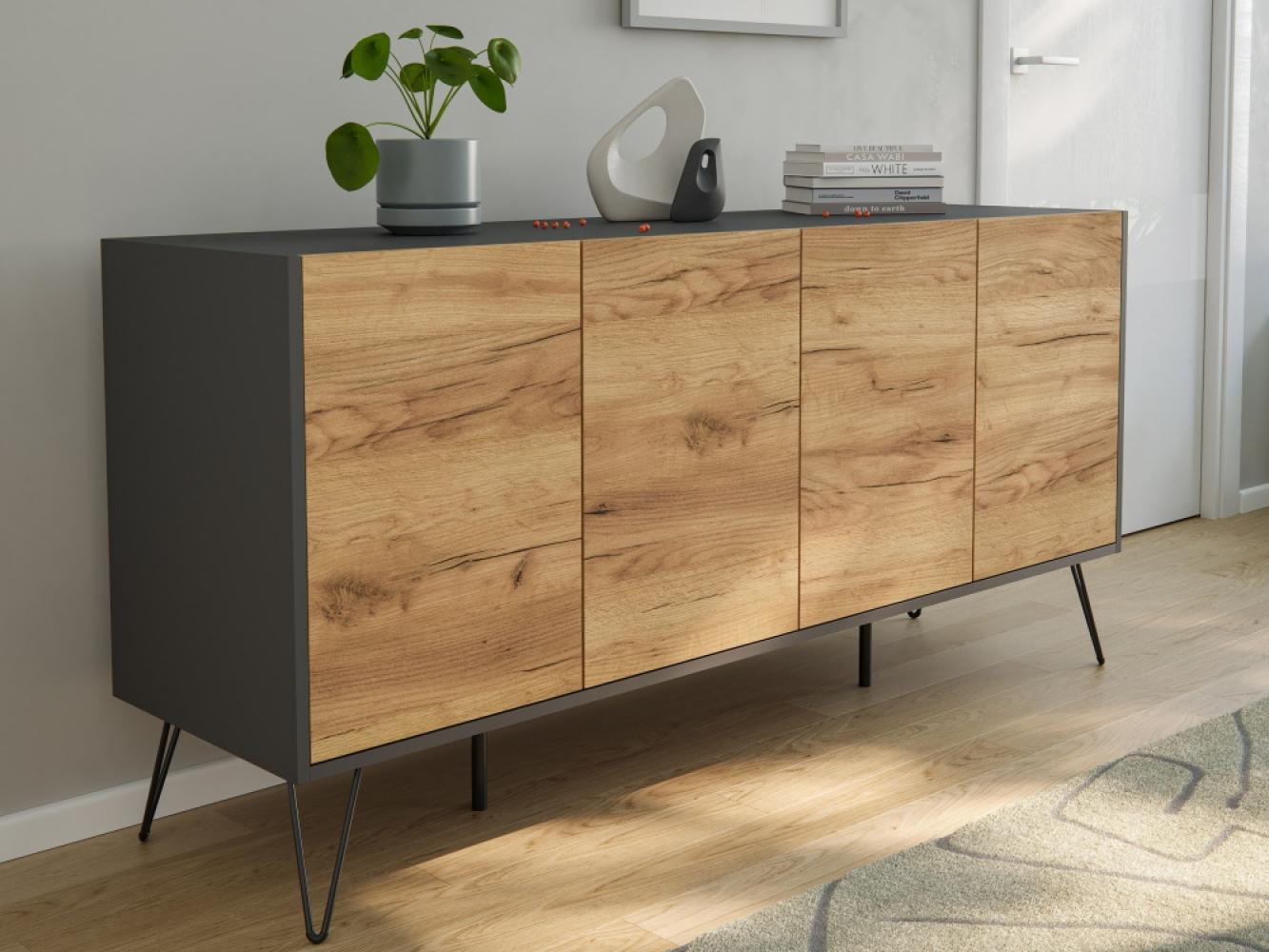 Raumwunder XL Sideboard Kommode Maxim 155cm stehend 4 Türen Grafit/Eiche Front : Oak Gold / Grafit Bild 1