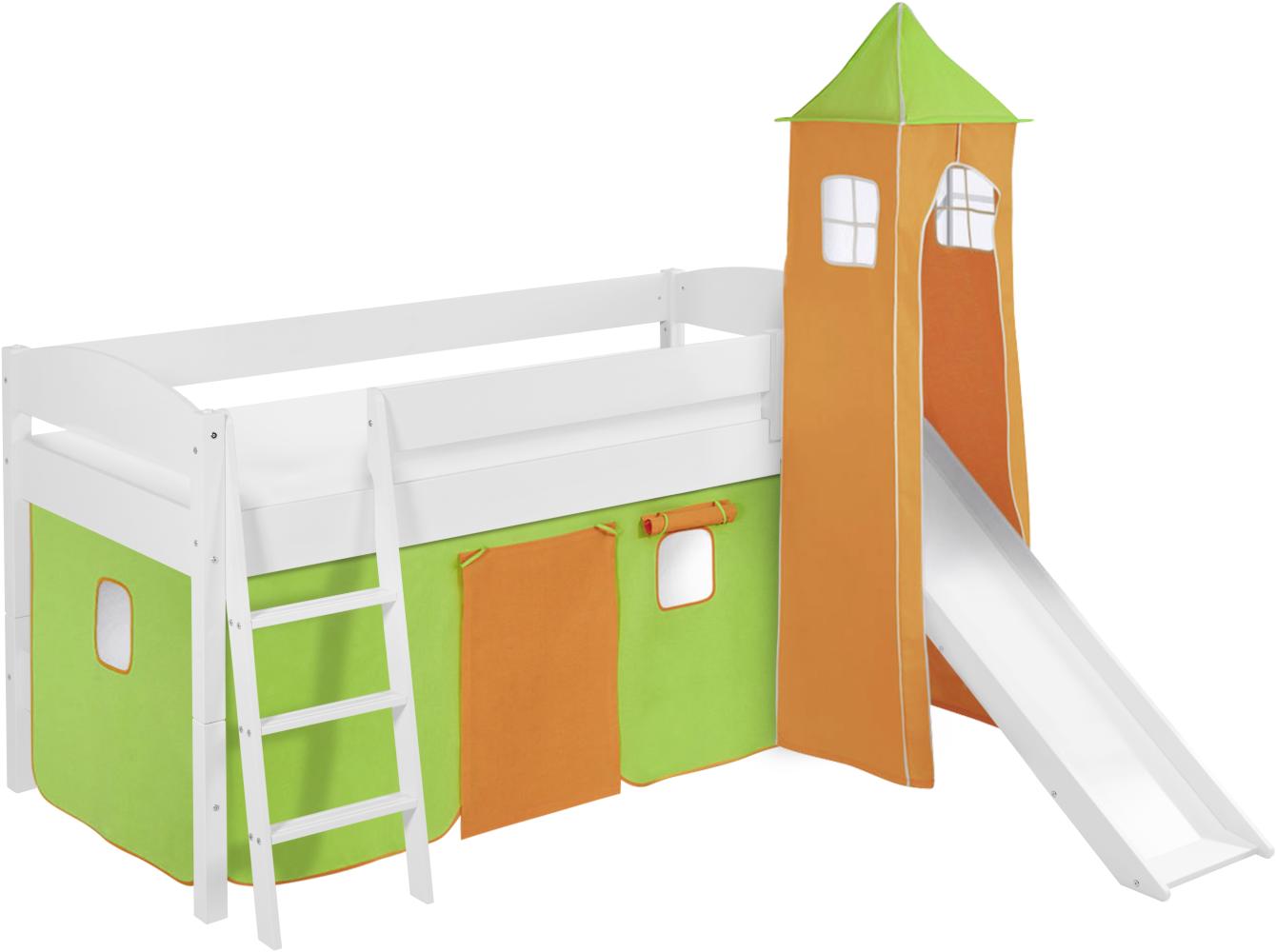 Lilokids 'Ida 4105' Spielbett 90 x 200 cm, Grün Orange, Kiefer massiv, mit Turm, Rutsche und Vorhang Bild 1