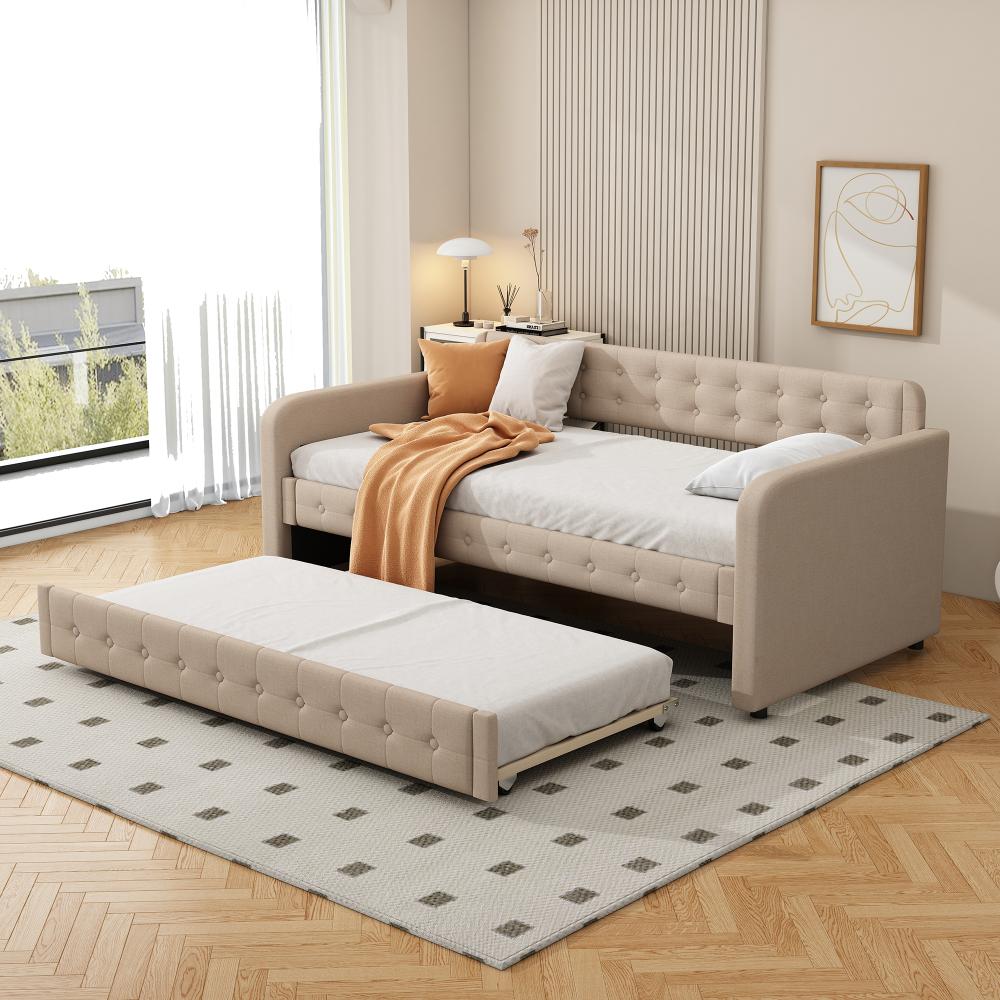 Merax 90*200cm Sofabett, Tagesbett, mit ausziehbares rollbett, großer Stauraum, dunkelbeige Bild 1