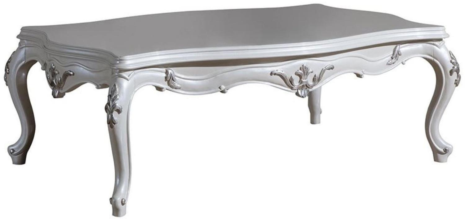 Casa Padrino Luxus Barock Couchtisch Weiß / Silber 125 x 85 x H. 47 cm - Rechteckiger Massivholz Wohnzimmertisch - Prunkvolle Barock Möbel Bild 1