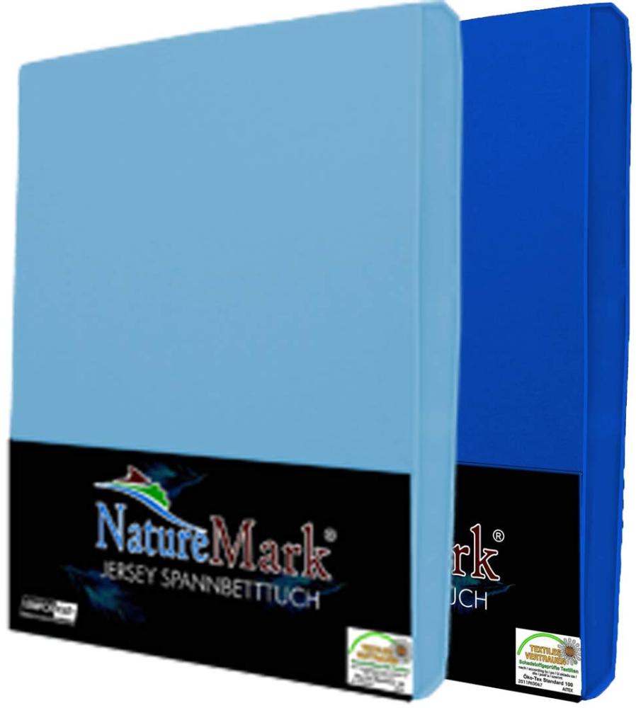 NatureMark 2er Pack Jersey Spannbettlaken, Spannbetttuch 100% Baumwolle in vielen Größen und Farben MARKENQUALITÄT ÖKOTEX Standard 100 | 200x220 cm +40 Steg - Hellblau/Royal Bild 1