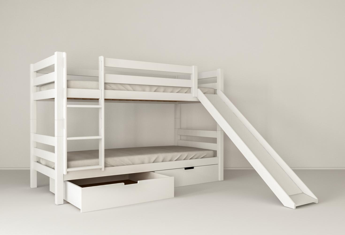 Etagenbett Kinderbett MARK 200x90 cm mit Rutsche und 2 Bettkästen Buchenholz massiv weiß Bild 1
