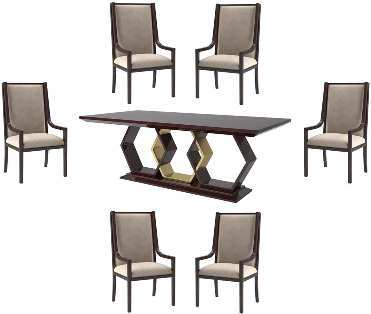 Casa Padrino Luxus Art Deco Esszimmer Set Beige / Dunkelbraun Hochglanz / Gold - 1 Esszimmertisch & 6 Esszimmerstühle - Art Deco Esszimmer Möbel - Luxus Qualität Bild 1